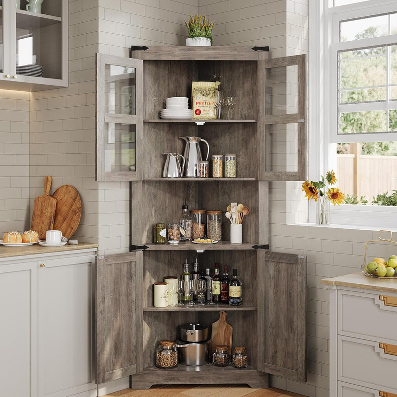69" Tall Triangle Corner Cabinet with Glass Doors & Open Shelf, 6-Tier Space Saver Storage for Bathroom, Living Room, Kitchen, Hallway