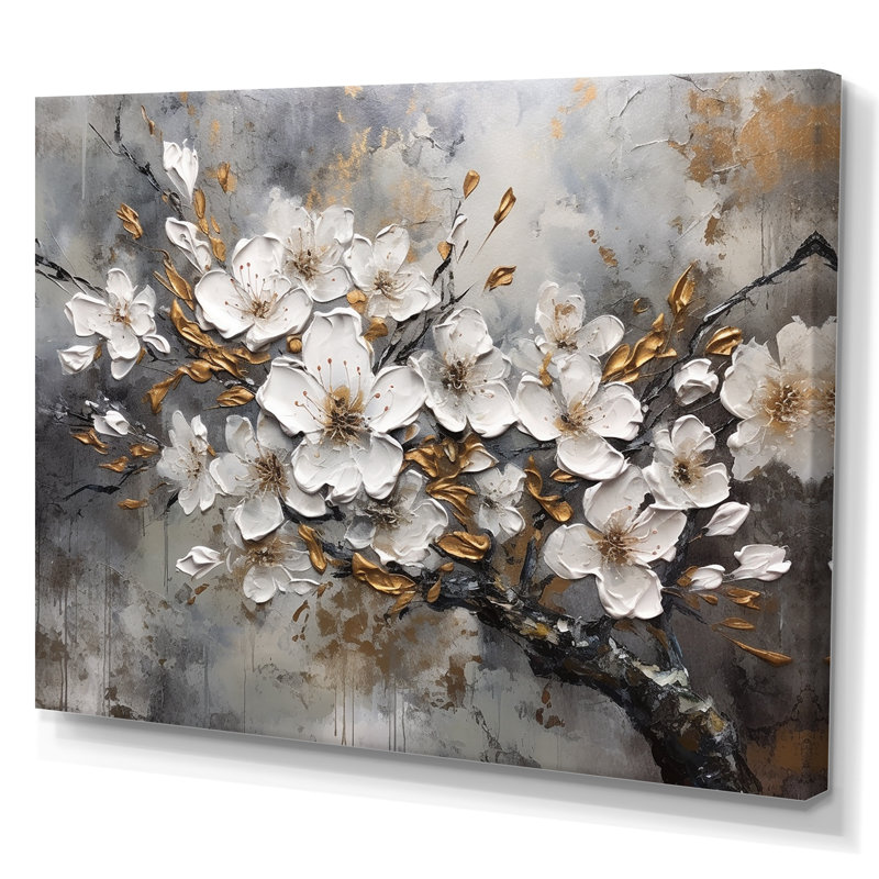 Harmonie I de cerisier blanc et gris - art mural floral pour le salon, H 30 po x l 40 po x P 1,5 po, Toile tendue