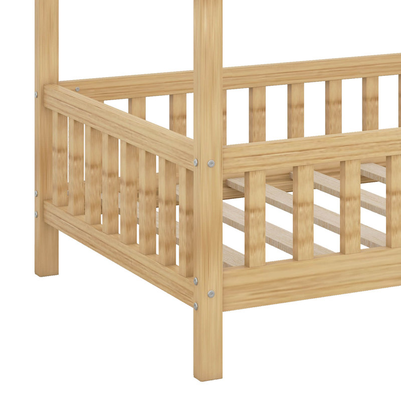 House Bed Frame With Canopy, Montessori Floor Bed, House Bed With Rails For Kids, Kids Bed With Roof, Natural, Twin