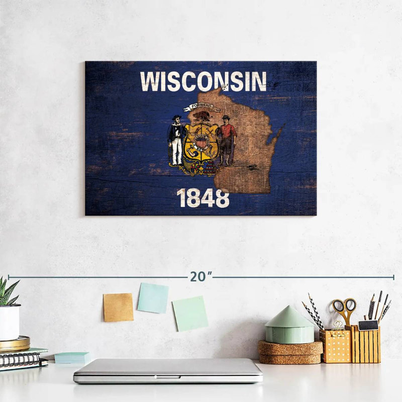 Borges State Map Over Wisconsin Flag, 8" H x 12" W