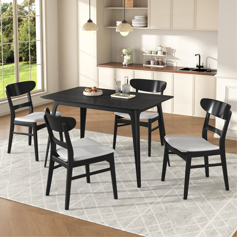 Ensemble de salle à manger 5 pièces de style Mid-Century moderne, structure en bois d'hévéa, une table et 4 chaises rembourrées