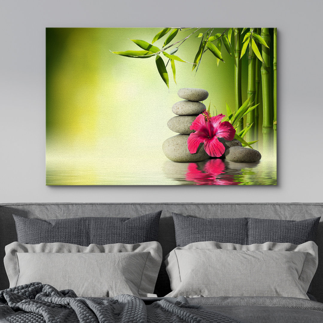 Zen Stones Rocks and a Hibiscus Flower over a Lake Next to Bamboo Trees II - Wrapped Canvas Photograph Print IDEA4WALL 