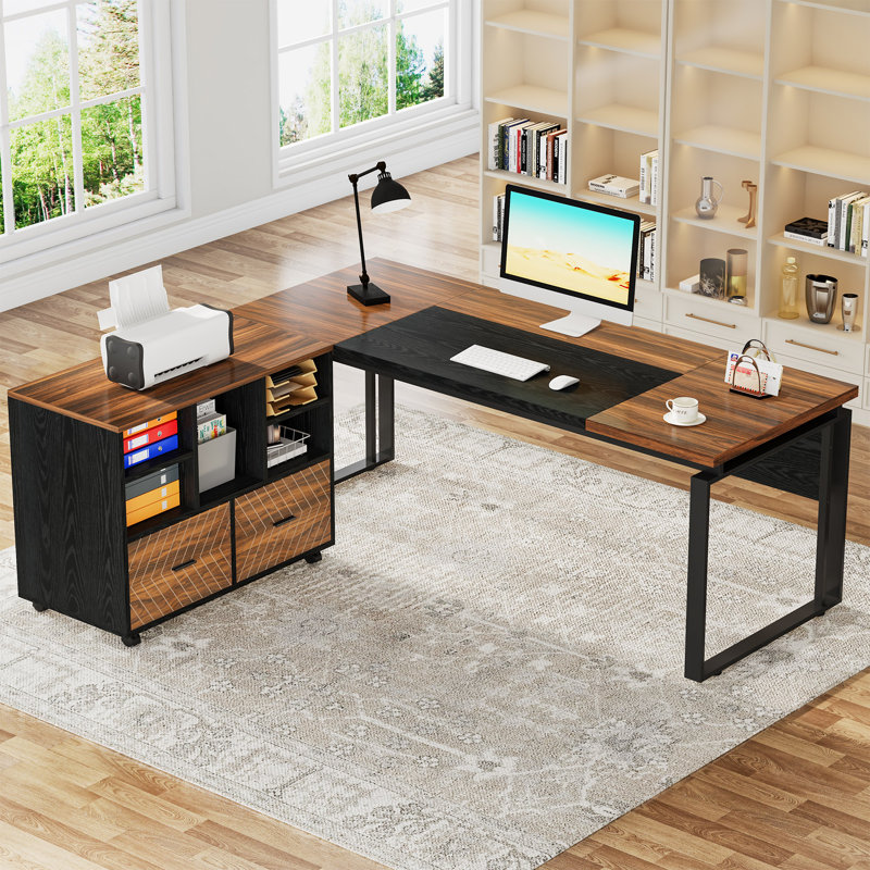 Burgener L-Shape Executive Desk with File Cabinet, Rustic Brown/Black