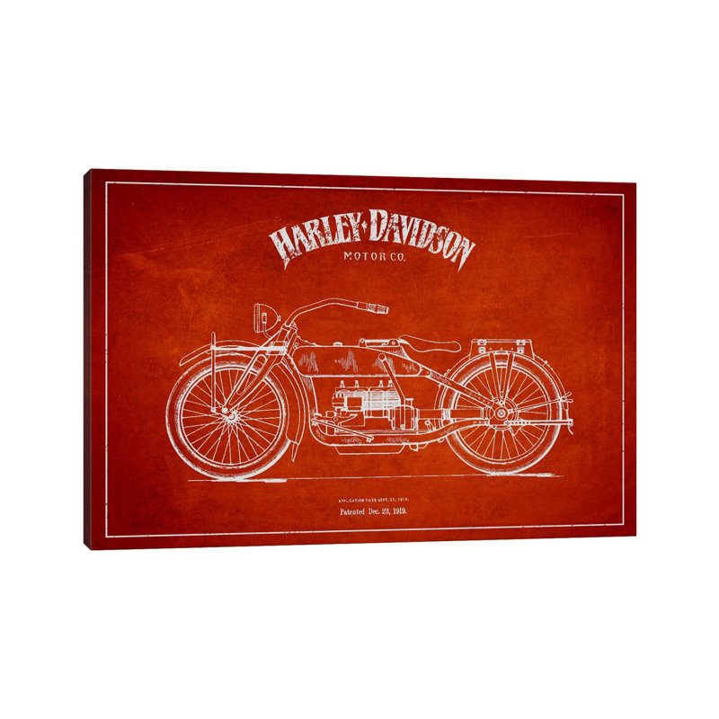 Harley-Davidson Red Patent Blueprint by Aged Pixel - Gallery-Wrapped Canvas Giclée on Canvas, Canvas, 20.32 cm H x 30.48 cm W