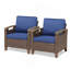 Ensemble de 2 chaises longues d'extérieur en osier brun avec coussins bleus pour véranda ou terrasse