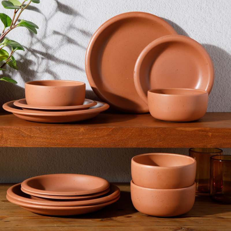 Bloomhouse Corcisa Clay 12 Piece Stoneware Reactive Glaze Dinnerware Set - Prosecco Blush Pink, Brown