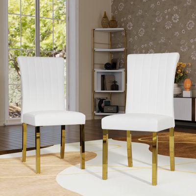 White Leather Dining Chairs With Mirrored Gold Legs Set Of 2