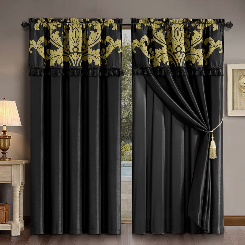Royale Room Darkening Curtain Pair, Black/Gold