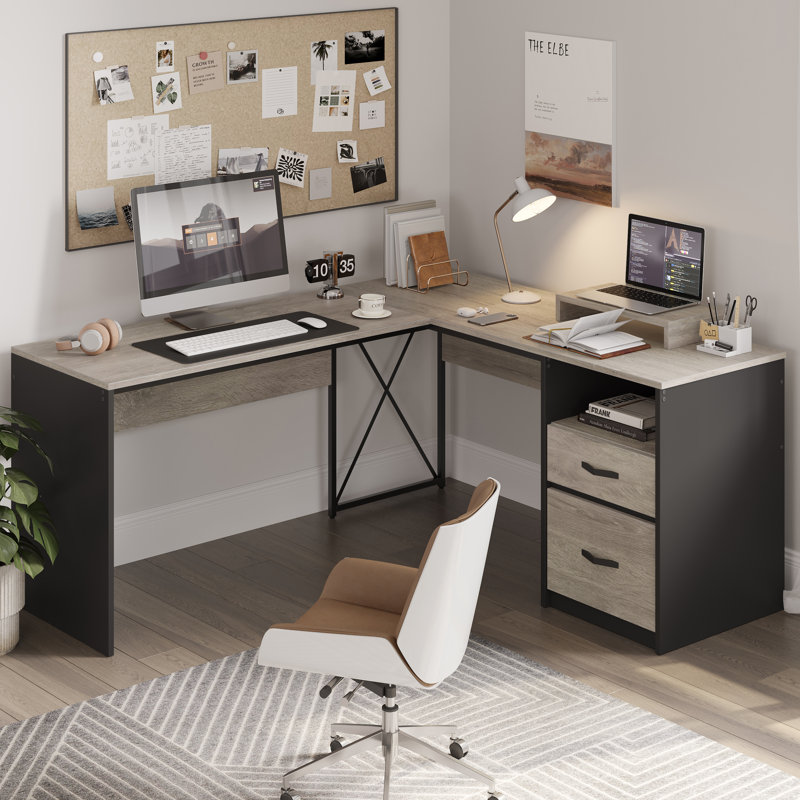 Cherell 55.7'' W L-Shaped Computer Desk with Monitor Stand, Executive Desk with File Storage Drawers, Gray