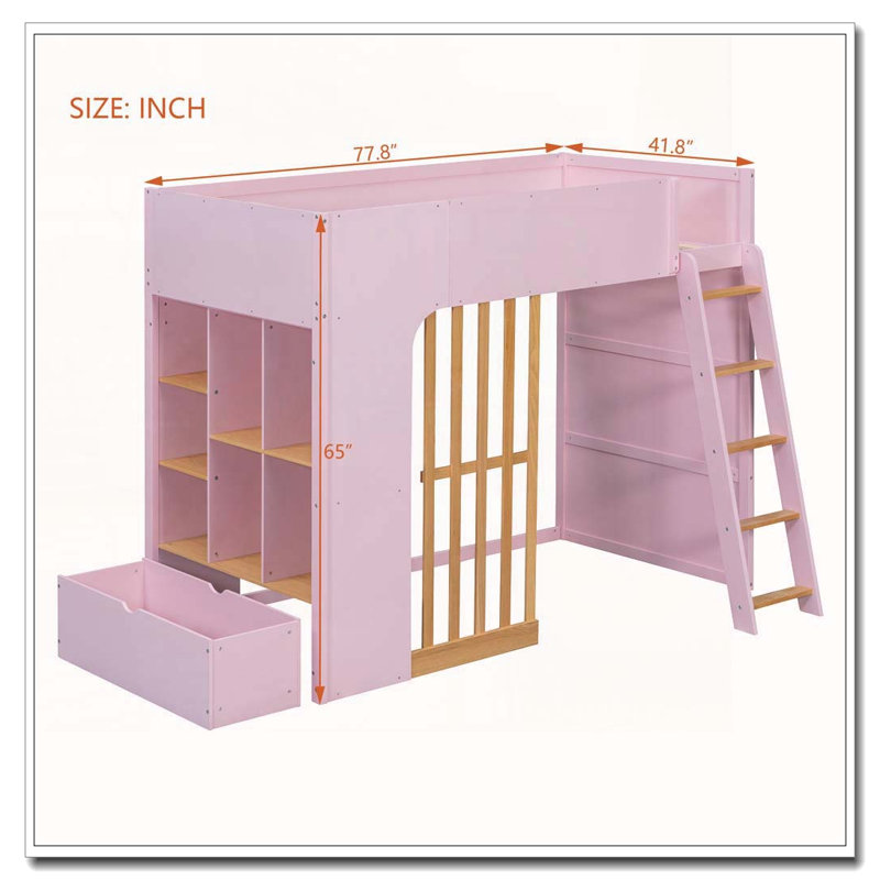 Lit mezzanine avec tablettes, lit mezzanine en bois avec échelle et tablettes de rangement, Twin, Pink + Natural