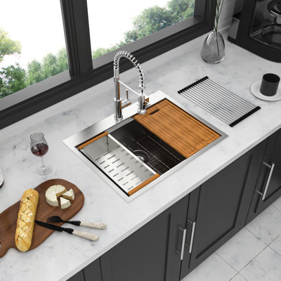 28 Inch Stainless Steel Workstation Sink - 16 Gauge Drop-In Silent Water Flow With Extras 28"X22" Kitchen Modern Concept