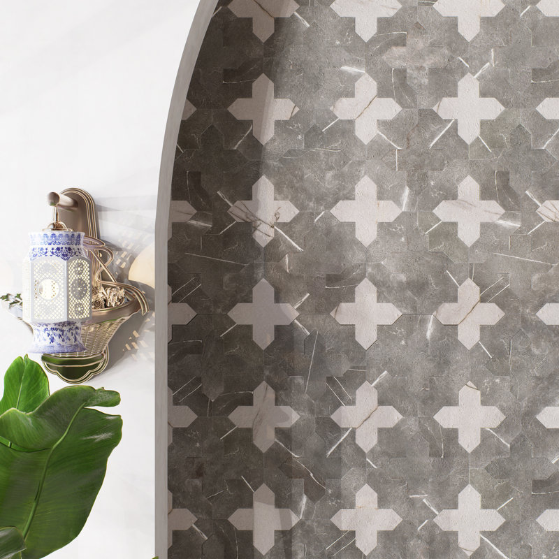 Istanbul Templar Shield With Cross 8-3/8 In. X 8-3/8 In. Porcelain Floor And Wall Tile Kit, Black/Beige