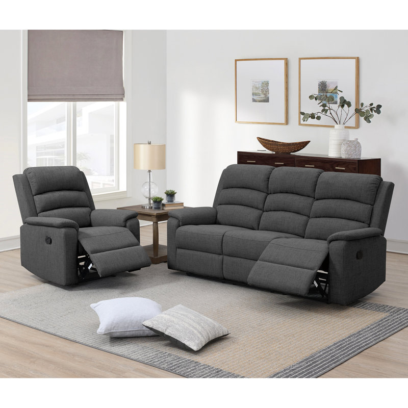 Fauteuil inclinable manuel en jute gris foncé, style moderne, avec fonction de relaxation des mouvements, assise et accoudoirs rembourrés, avec coussin.