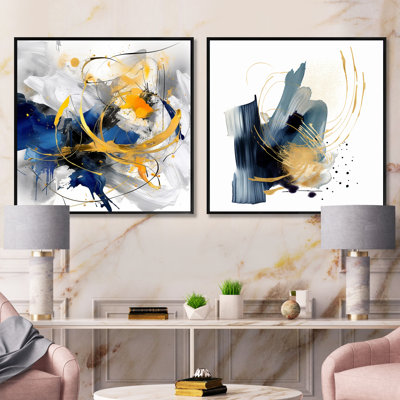 Ensemble de 2 collages carrés bleu foncé et or à motif de fractales