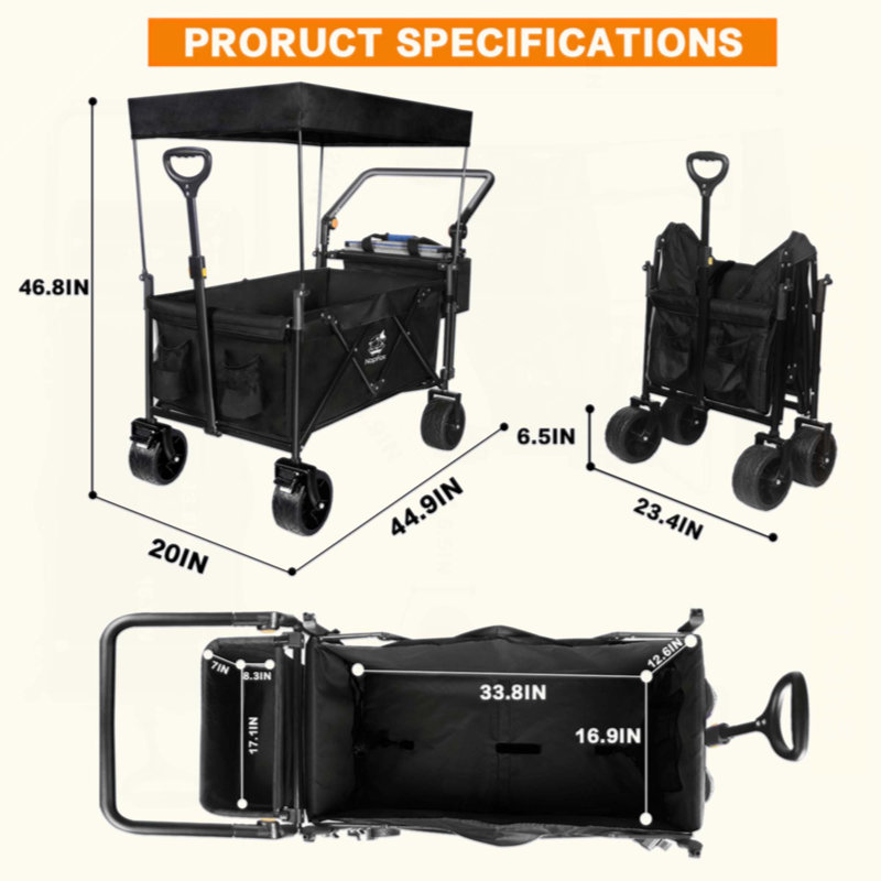 Chariot pliable de chariot de wagon de 140 L pliable avec auvent amovible Chariot de chariot pliant avec roues pour tout-terrain avec frein