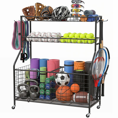 Garage Sports Equipment Organizer,Ball Storage Rack,Garage Organizer with Baskets and Hooks, Sports Gear Storage,Garage Ball Storage, Black