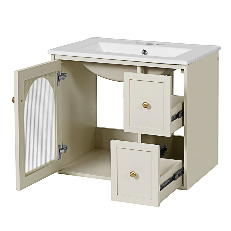 Meuble-lavabo mural avec lavabo en céramique, Beige