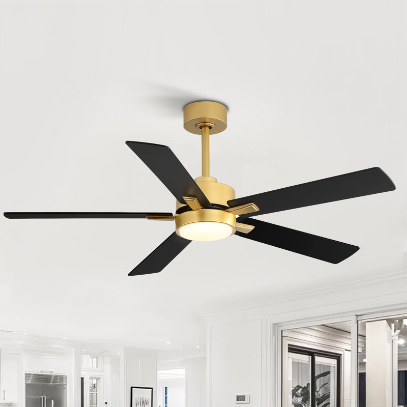 Rolanda 52" 5-inch Downrod Mount Ceiling Fan with Light Kit and Remote Control, Gold with Black Blades