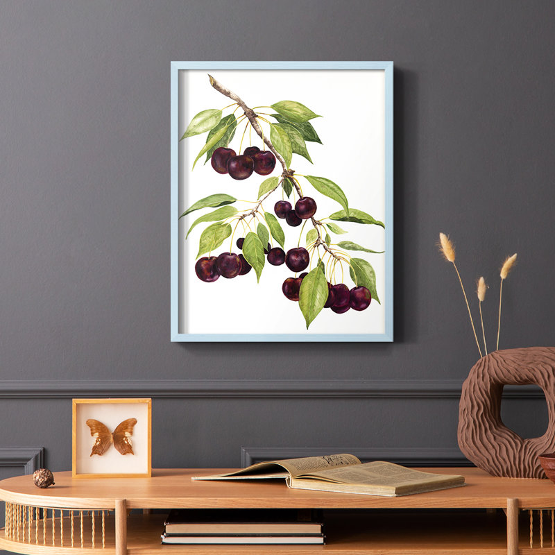Watercolor Cherries, reproduction encadrée - bois massif, Bleu, H 10 po x l 8 po