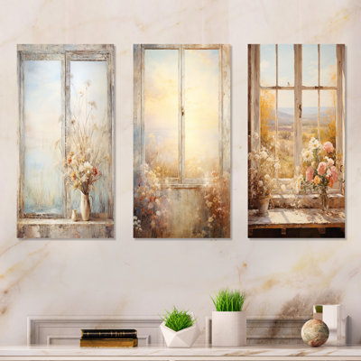 Vintage Floral Meadow Windows View I - Floral Window Metal Art Print Set Of 3