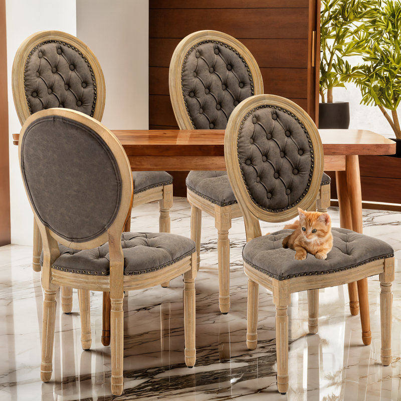 French Style Vintage Solid Wood Upholstered Dining Chair Set, Brown, 4