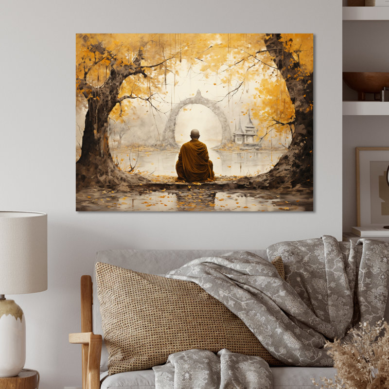 Bouddha gris et jaune, chemin illuminé I - décoration murale spirituelle en métal, H 12 po x l 20 po x P 1 po
