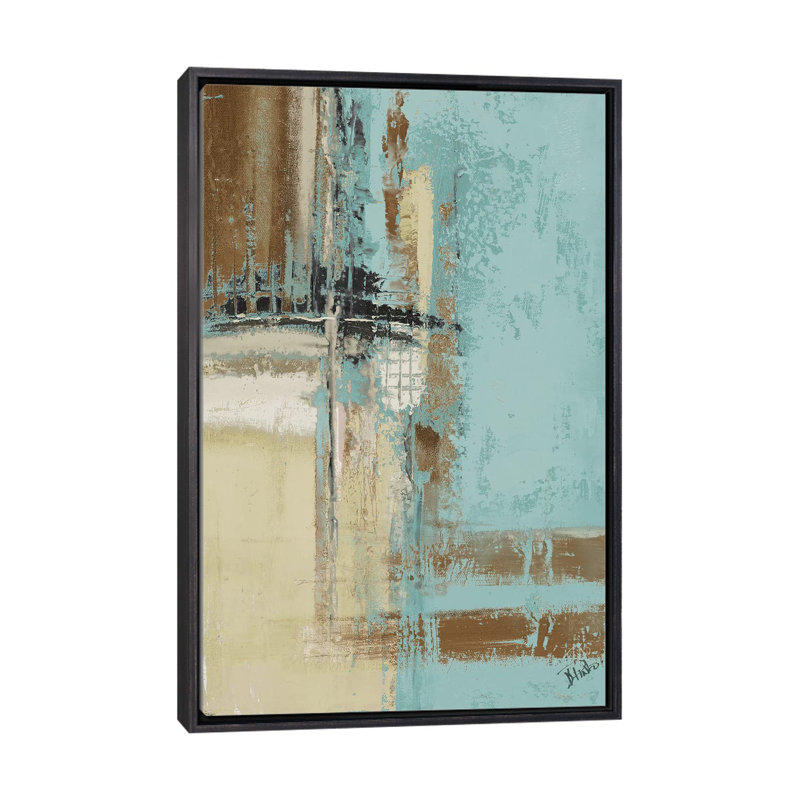 « Oxido on Teal II » par Patricia Pinto, reproduction d’art, Toile avec cadre noir patiné, Pas de tapis