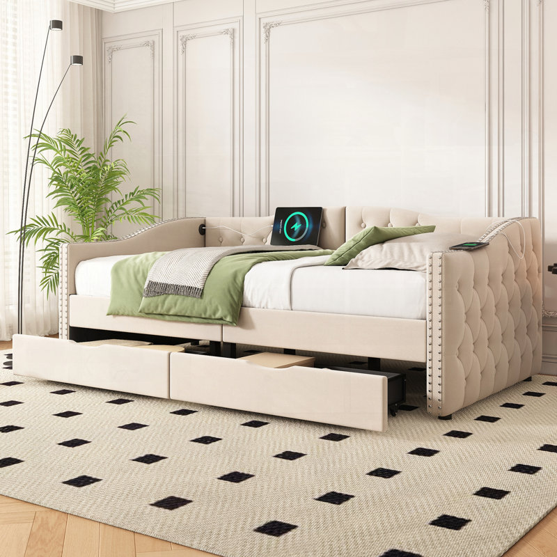 Upholstered Daybed with Storage Drawers and Wood Frame