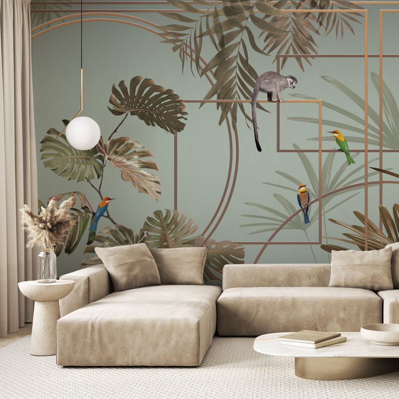 Papier peint moderne avec jungle tropicale moderne avec des singes et des oiseaux exotiques, Brun, L 110,04 po x l 204 po