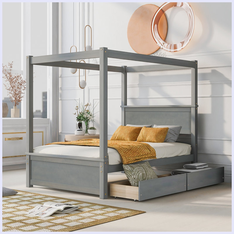 Lit à baldaquin avec rangement Dilyla, gris, Un lit et une armoire de rangement latérale avec 