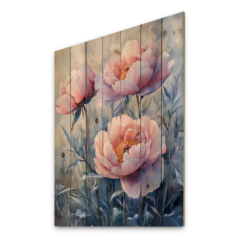 Frosty Field Peonies Elegance II - Peonies Wood Wall Decor - On Natural Pine Wood, 32" H x 24" W x 0.78" D