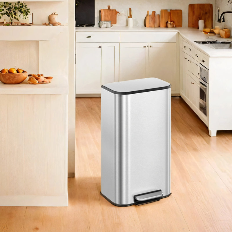 Poubelle de cuisine, poubelle de 8 gallons avec couvercle à fermeture en douceur, acier inoxydable, restes ouverts, seau intérieur, pédale large