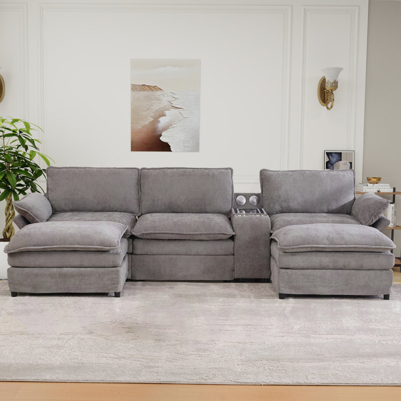 Enn 124 "W Modular Sectional, Wireless Charge, Blue Tooth Speaker, Double-layer Cushion, Light Gray Chenille