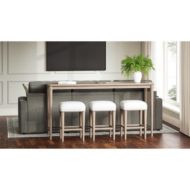 Dana Heights 4-Piece Console Table Set with 3 Stools – Sand Finish, Mindi Veneer with Frosted Glass Top