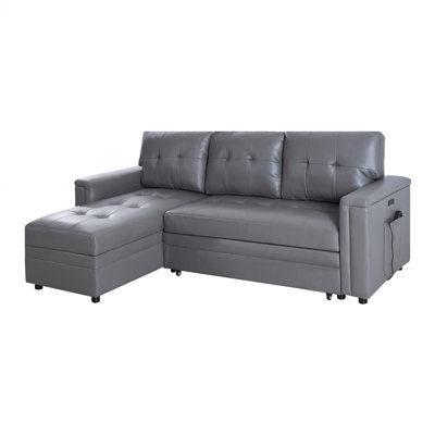 Kerrill Reversible Leather L-Shaped Sleeper Sofa Bed with USB – Pull Out Couch & Storage Chaise
