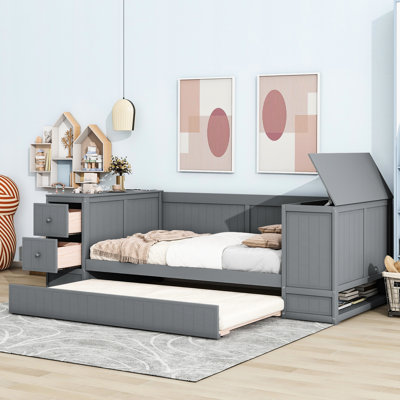 Twin Daybed With Trundle, Gray - Wood Construction And Smart Storage Charging Size Areas,