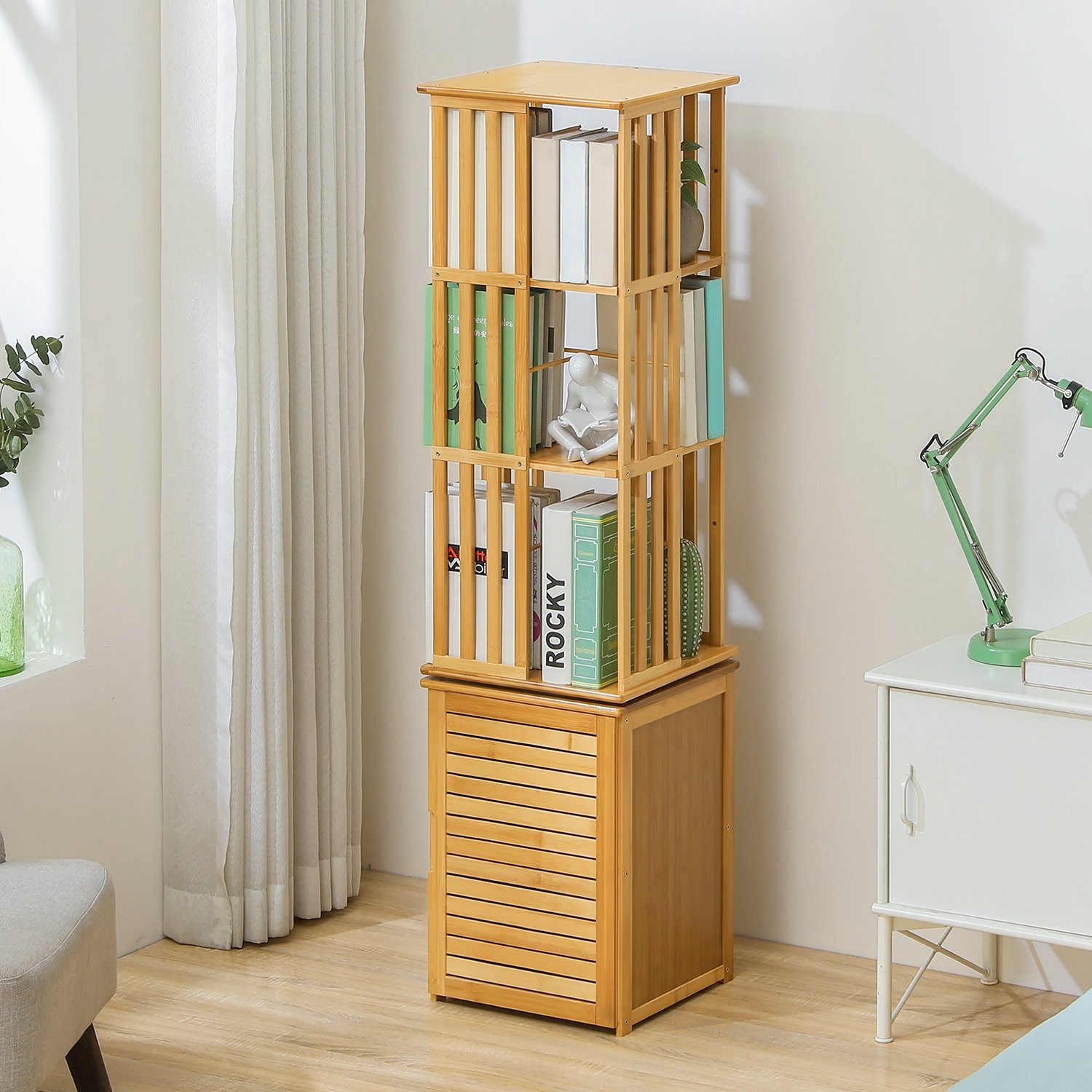 MoNiBloom Bamboo 5 Tiers Swivel Bookcase with Door, Display Storage  Bookshelf for Home Living Room
