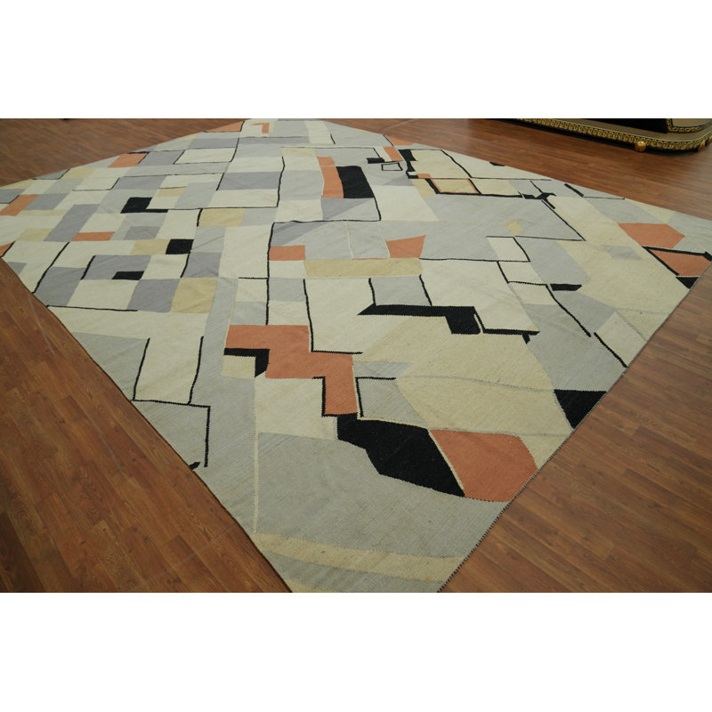 Tapis moderne kilim en laine à teinture végétale 12 x 16