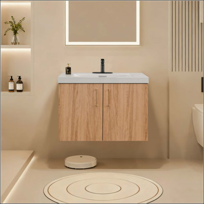 Ensemble de meuble-lavabo moderne avec lavabo, portes d'armoires flottantes murales, poignées dorées, ensemble de lavabo en résine blanche