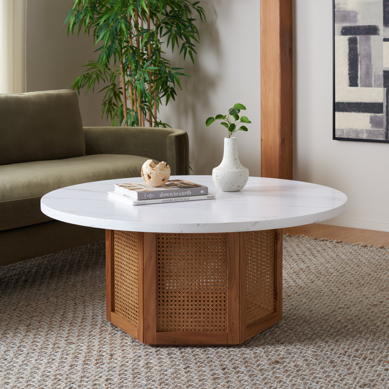 Table basse Pacetti, Plateau en faux marbre blanc / base brune