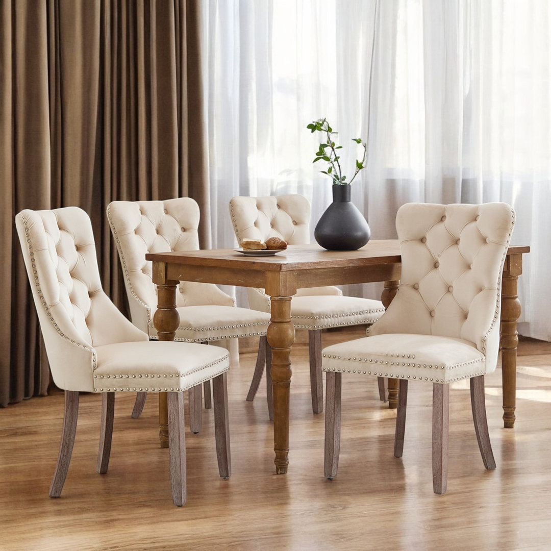 Miya Upholstered Velvet Dining Chair Button Tufted with Brushed Wood Legs Kitchen Lounge Chairs