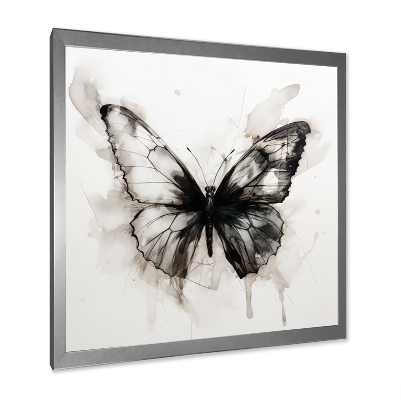 Papillon, aquarelle noir et blanc I, H 24 po x l 24 po x P 1 po, Cadre simple argenté