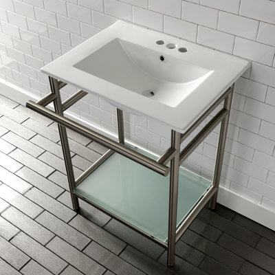 Kingston Brass Sheridan 24-Inch Ceramic Console Sink with Stainless Steel Legs and Glass Shelf (3-Hole)