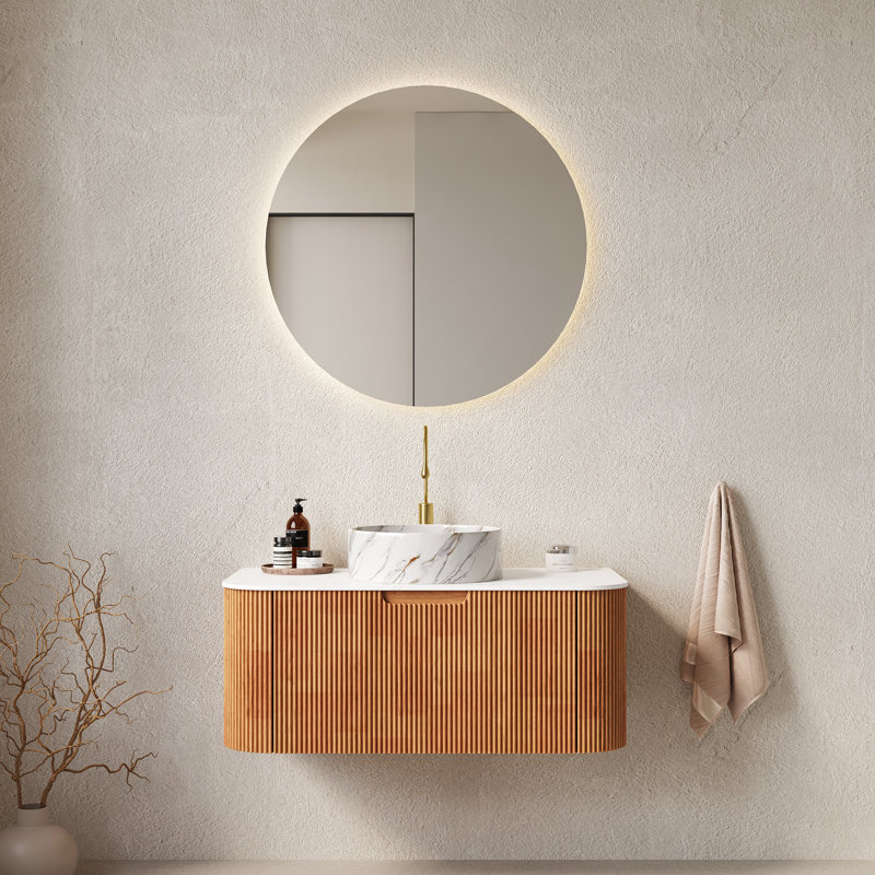 Meuble-lavabo de salle de bain 36 po avec lavabo, meuble de rangement mural à bordures courbées et flottantes avec tiroir, lavabo rond en céramique blanc avec motif de pierre, pré-assemblé, meuble-lavabo
