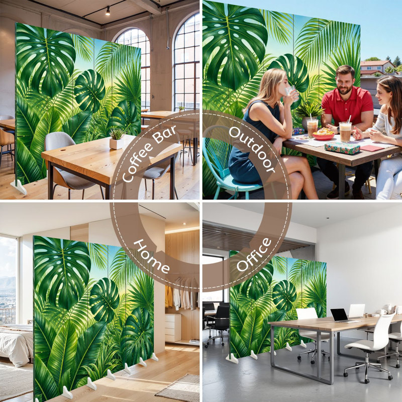 Cloison pliante à 6 panneaux avec feuillage tropical tropical et feuilles de palmier Monstera aux tons de vert éclatant, 6