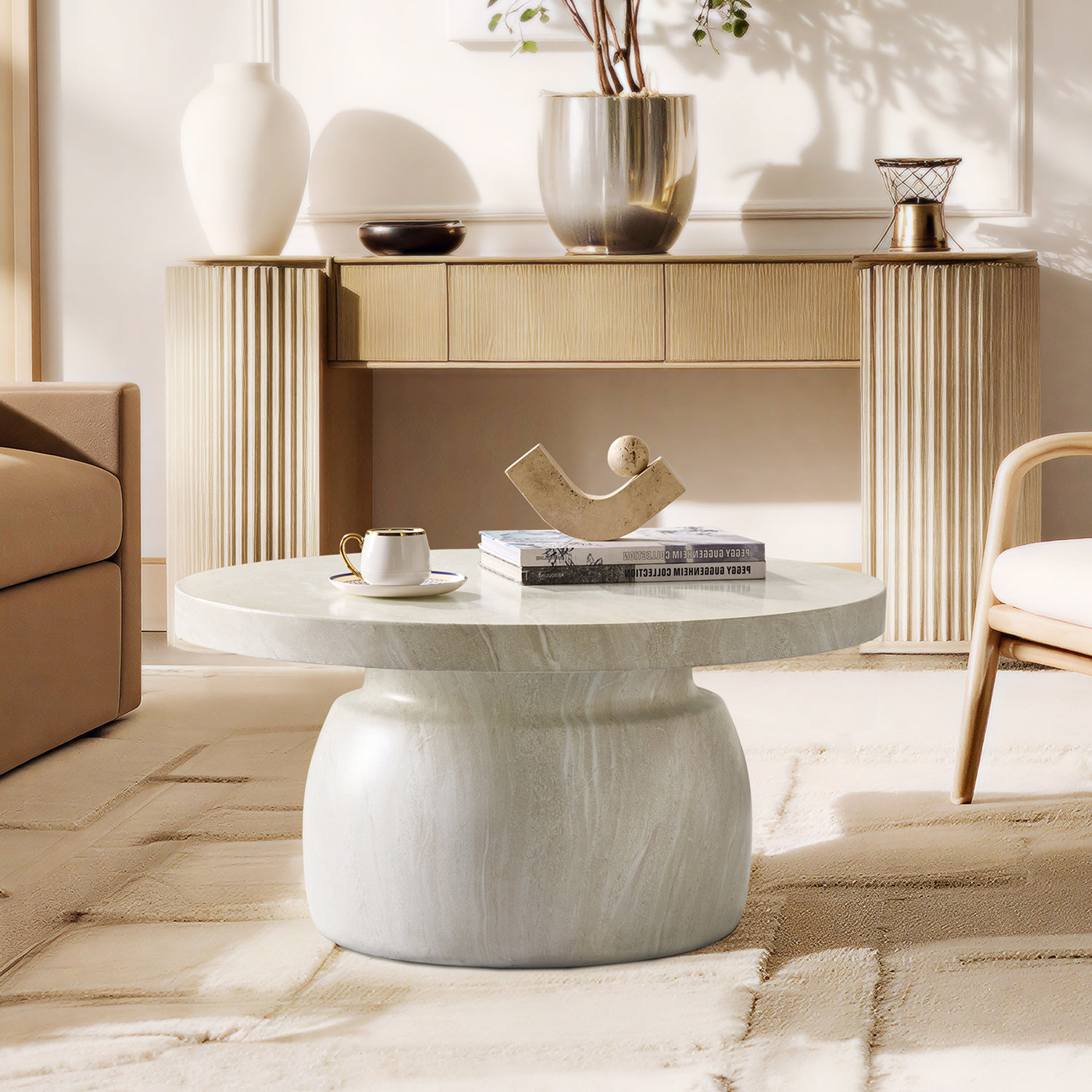 Watterson Andolise Modern 31.5"W Faux Travertine Simple Assembly Round Coffee Table, Beige