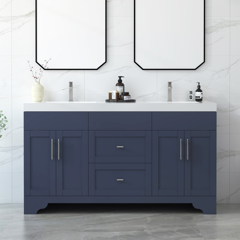 Aurilla 60 in. Double Sinks Freestanding Bath Vanity in Marine Blue with White Carrara Quartz Top, Marine Blue