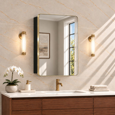 Recessed or Surface Wall Mount Medicine Cabinet with Mirror, Adjustable Shelves & Center Divider