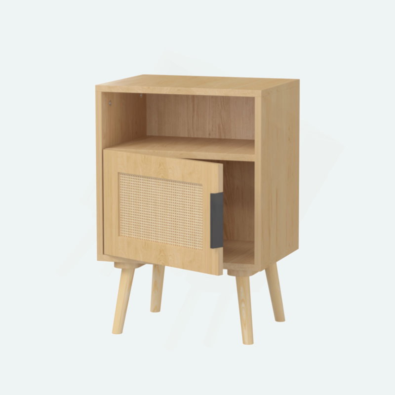 Rattan Nightstand, Side Table With Door Open Shelf,  Accent Bedside End Table With Solid Wood Legs For Bedroom, Dorm And Small Spaces