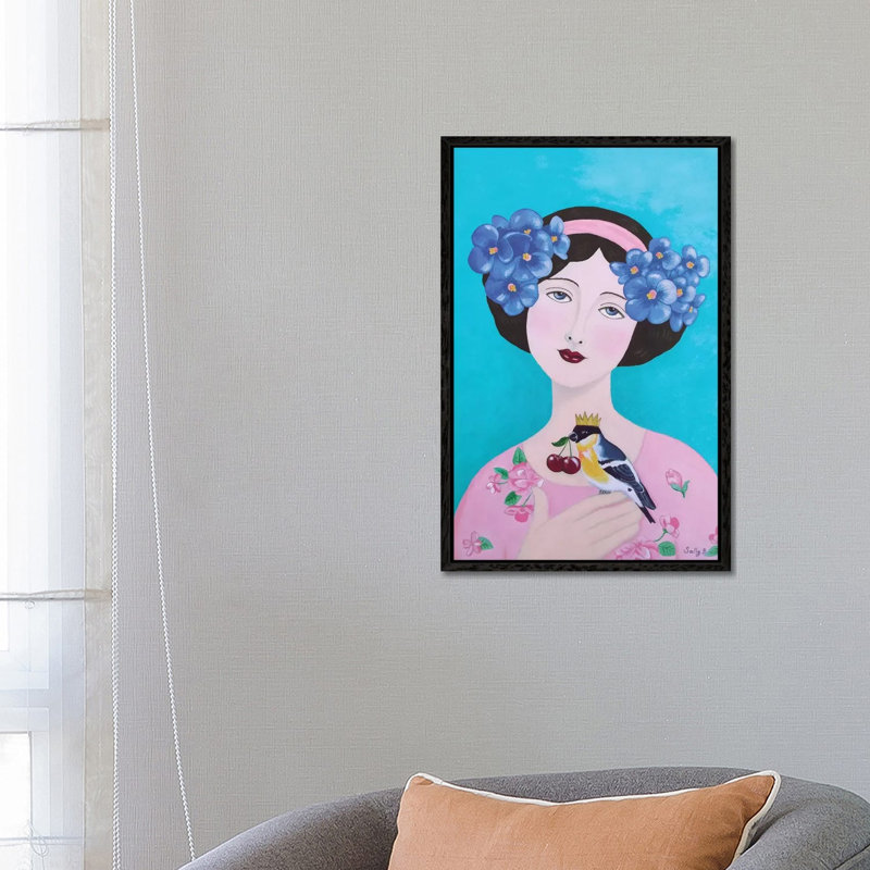 Woman With Bird And Cherry by Sally B - Gallery-Wrapped Canvas Giclée on Canvas, Black Framed, 66.04 cm H x 45.72 cm W